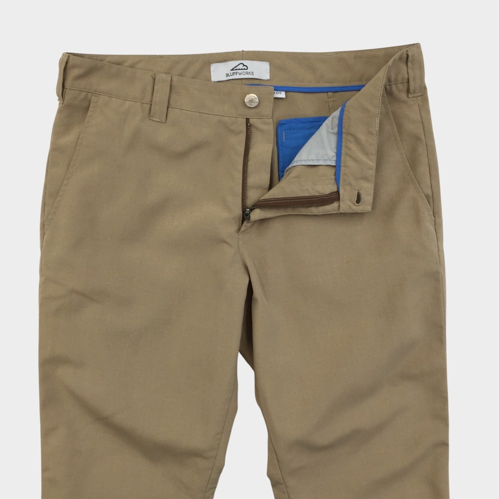 Bluffworks Mens Chino Pants 34W 28L Relaxed Fit Khaki Tan Travel Trousers